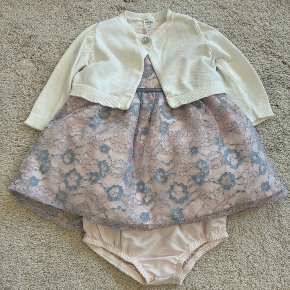 12M Pink & Purple Floral Lace Dress w/ Shrug Cardigan